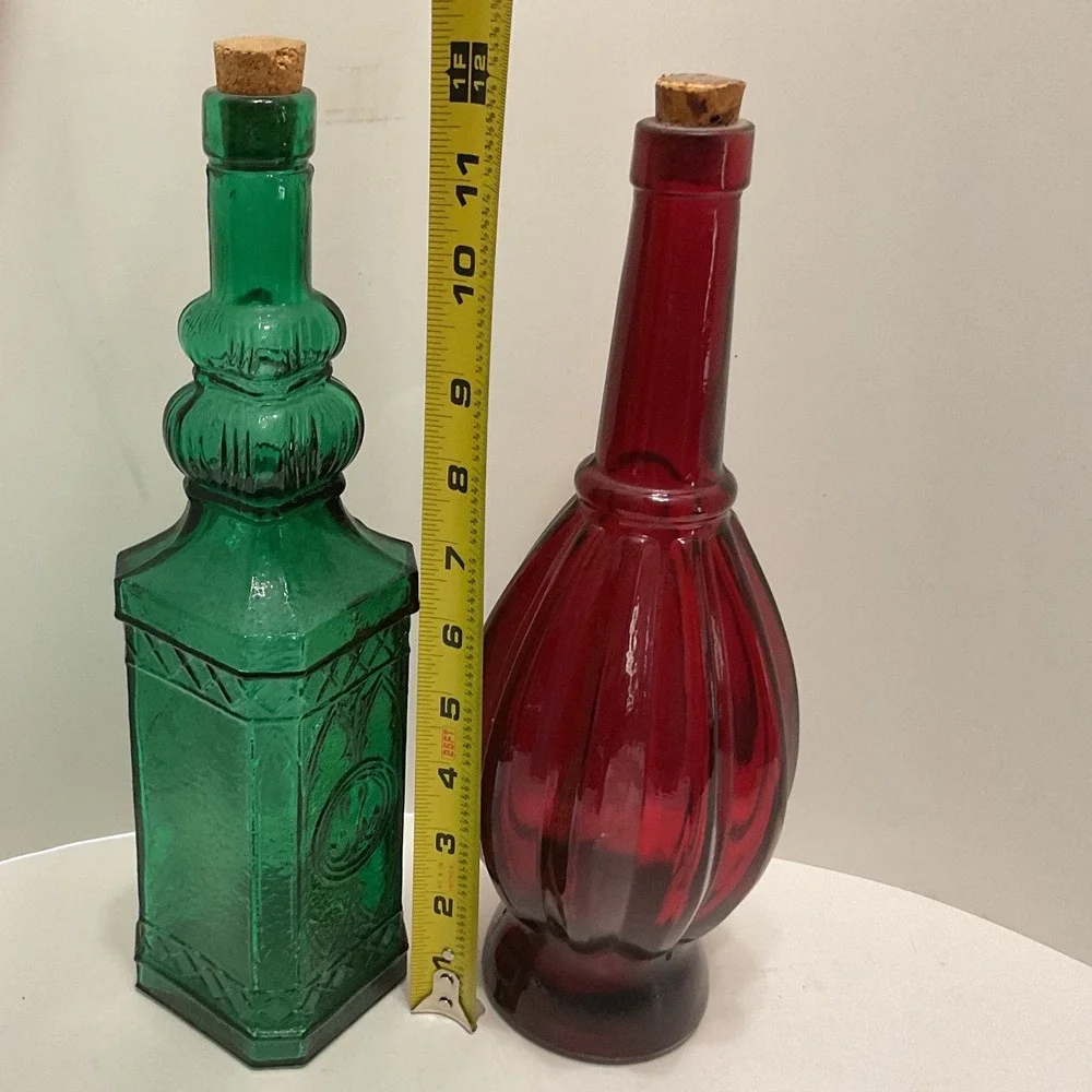 Vintage Glass Decanter Set Ruby Red Melon Emerald Green Embossed Bottles Corks